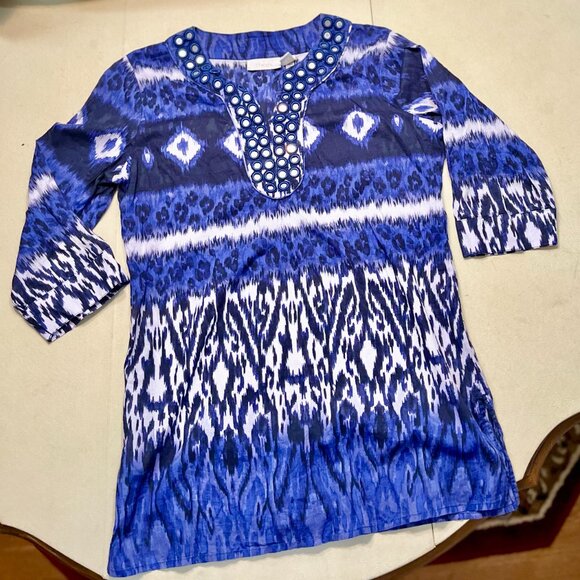 Chico's Blue White Ikat Print Tunic Blouse V-Neck 3/4 Sleeve - Picture 1 of 7